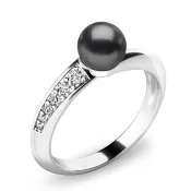 Prsteň s čiernou perlou a briliantmi 140011-B-FW-Black