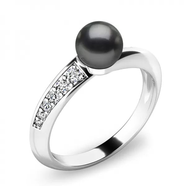 Prsteň s čiernou perlou a briliantmi 140011-B-FW-Black
