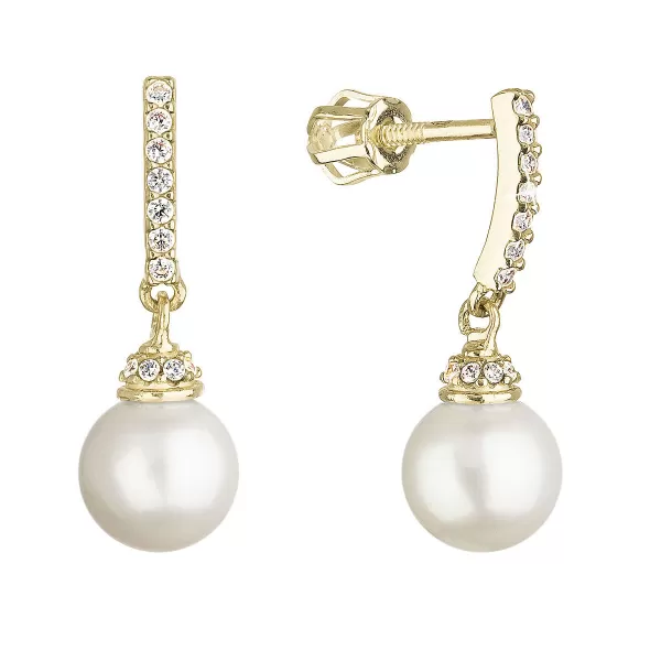 Zlaté 14 karátové náušnice žlté zlato s visiacou bielou riečnou perlou a zirkónmi 91PZ00021