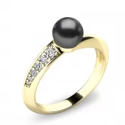Prsteň s čiernou perlou a briliantmi 140011-ZL-FW-Black