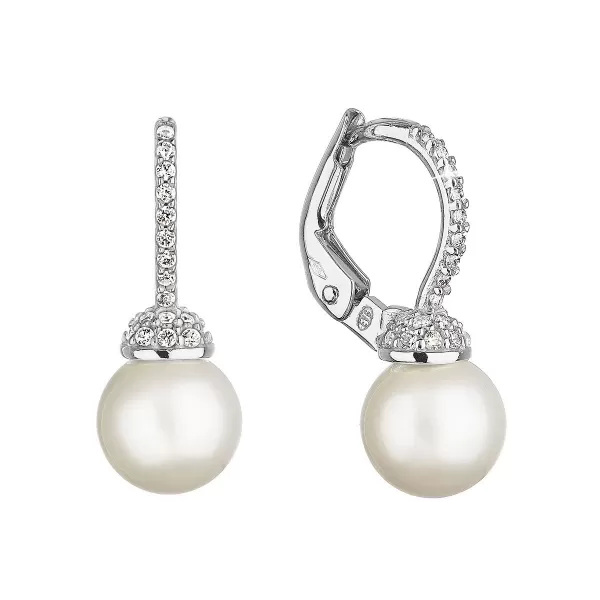 Zlaté 14 karátové náušnice biele zlato s riečnou perlou a zirkónmi 81PZ00022