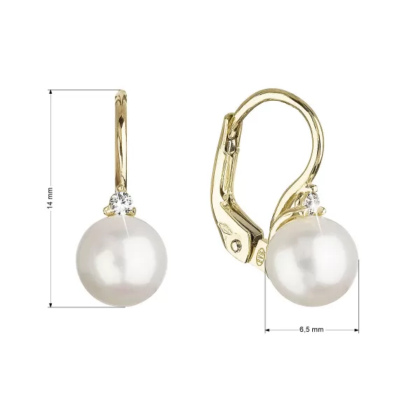 Zlaté 14 karátové náušnice žlté zlato s bielou riečnou perlou a zirkónom 91PZ00023