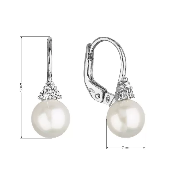 Zlaté 14 karátové náušnice biele zlato s riečnou perlou a tromi zirkónmi 81PZ00024