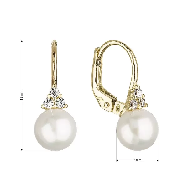 Zlaté 14 karátové náušnice žlté zlato s bielou riečnou perlou a tromi zirkónmi 91PZ00024