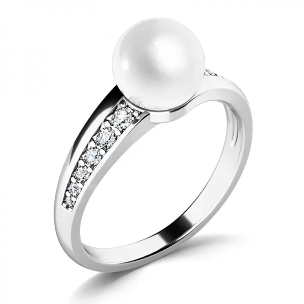 Prsteň s bielou perlou a briliantmi 140012-B-FW-DIA