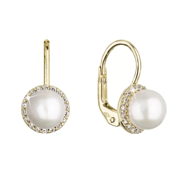 Zlaté 14 karátové náušnice žlté zlato s bielou riečnou perlou a zirkónmi 91PZ00020