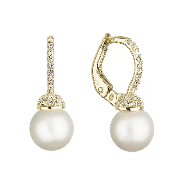 Zlaté 14 karátové náušnice žlté zlato s bielou riečnou perlou a zirkónmi 91PZ00022