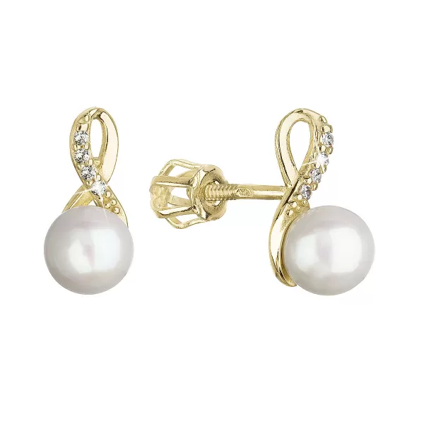 Zlaté 14 karátové náušnice žlté zlato s bielou riečnou perlou a zirkónmi 91PZ00028 nekonečno