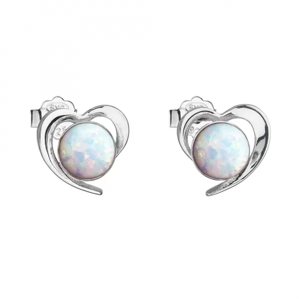 Strieborné náušnice srdca s bielym syntetickým opálom 31259.3 white