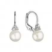 Zlaté 14 karátové náušnice biele zlato s riečnou perlou a tromi zirkónmi 81PZ00024