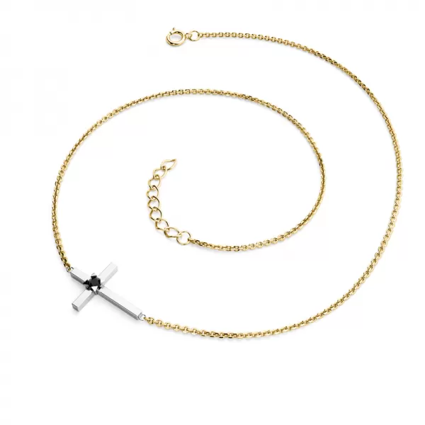 Dámsky náhrdelník prírodný diamant 0,035 ct krížik s čiernou 10872-NH01-ZLB-Black