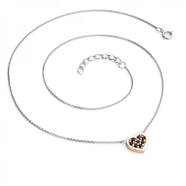 Náhrdelník z bieleho zlata s ružovými srdiečkami a čiernymi brilantmi 10881-NH01-BCV-BLACK