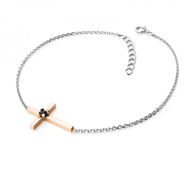 Dámsky náramok zlatý mix 585/1000 prírodný diamant 0,035 ct krížik s čiernou 10872-NR01-BCV-Black