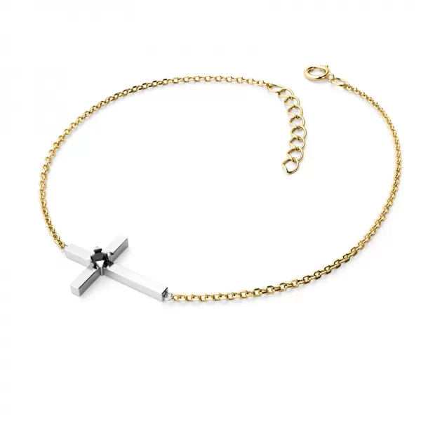 Dámsky náramok žlté zlato 585/1000 prírodný diamant 0,035 ct krížik s čiernym 10872-NR01-ZLB-Black