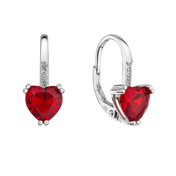 Strieborné náušnice visiace so zirkónmi červené srdiečko 11409.3 siam