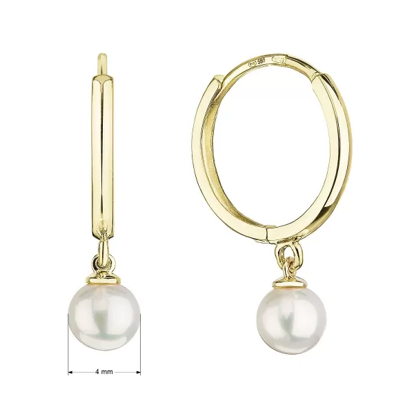 Zlaté 14 karátové náušnice kruhy žlté zlato s bielou riečnou perlou 91P00030