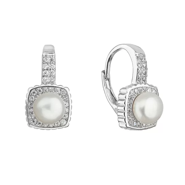 Strieborné náušnice visiace s bielou riečnou perlou štvorec biely 21073.1