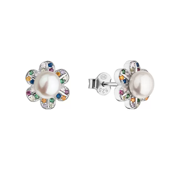 Strieborné náušnice kvietky multi zirkónmi s bielou riečnou perlou 21071.3 multi