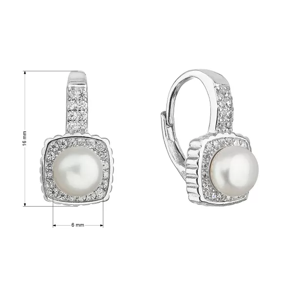 Strieborné náušnice visiace s bielou riečnou perlou štvorec biely 21073.1