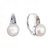 Strieborné náušnice visiace s bielou riečnou perlou a multi zirkónmi 21070.3 multi
