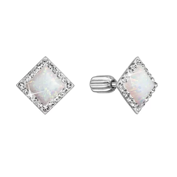 Strieborné náušnice pecka so syntetickým opálom a kryštálmi Preciosa biely kosoštvorec 31318.1 white