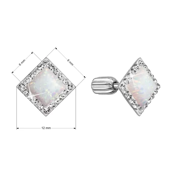 Strieborné náušnice pecka so syntetickým opálom a kryštálmi Preciosa biely kosoštvorec 31318.1 white