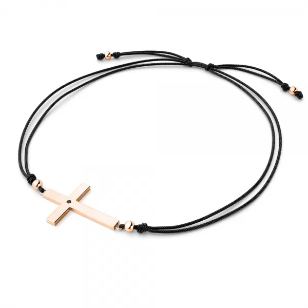 Dámsky náramok ružové zlato 585/1000 prírodný diamant 0,006 ct kabala s krížikom a čierny 10947-NRS-CER-CV-Black