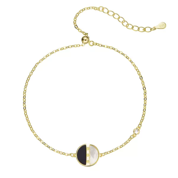 Pozlátený strieborný náramok retiazka s okrúhlym čiernoperleťovým príveskom 13026.1