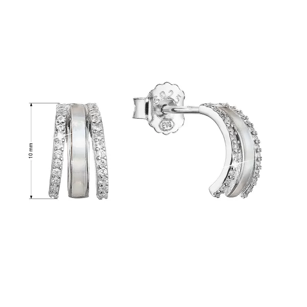 Strieborné náušnice kôstky polkruhy biele zirkóny a perleť 11422.1