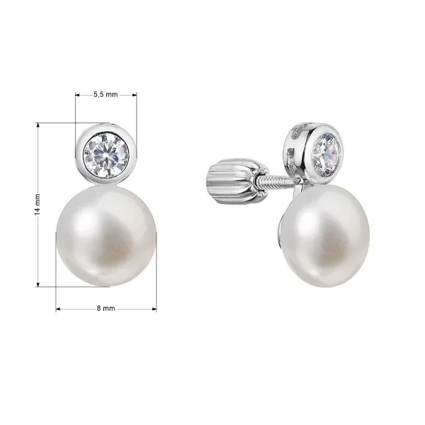 Strieborné náušnice kôstky s riečnou perlou button a jedným zirkónom 21089.1B