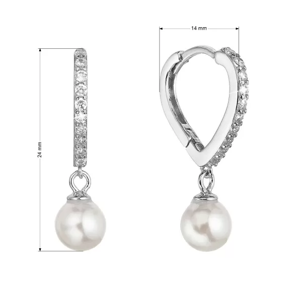 Strieborné náušnice srdca so zirkónmi a visiacou perličkou shell 11426.1