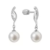 Strieborné náušnice visiace s guľatou riečnou perlou bielej 21094.1B