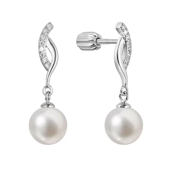 Strieborné náušnice visiace s guľatou riečnou perlou bielej 21094.1B