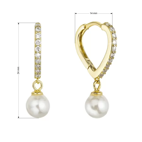 Pozlátené strieborné náušnice srdca so zirkónmi a visiacou perličkou shell 11426.1