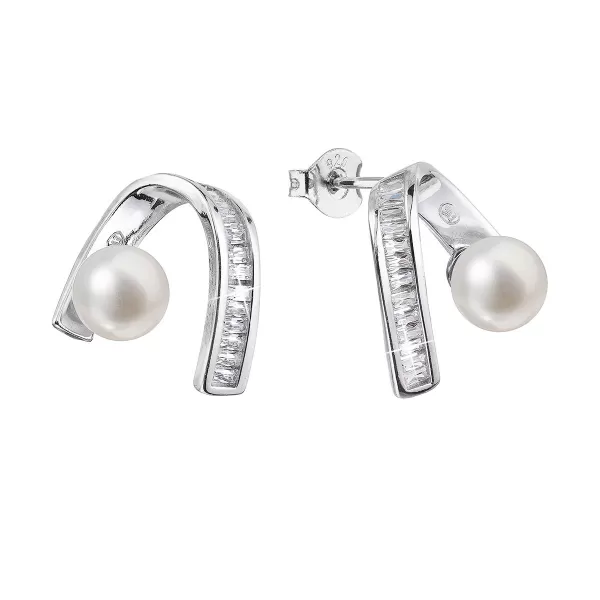 Strieborné náušnice visiace s bielou riečnou perlou a zirkónmi 21074.1