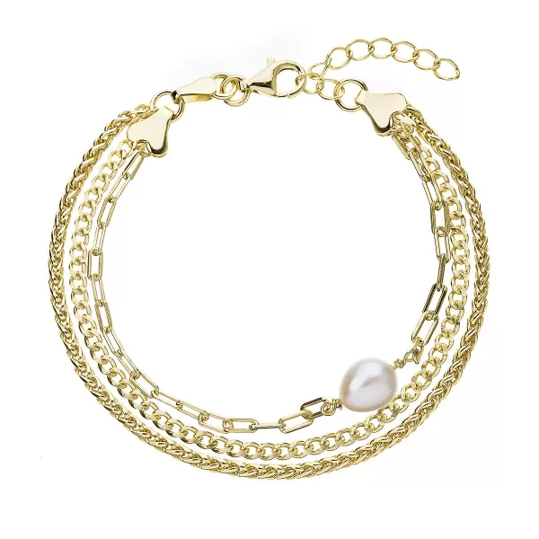 Trojitý strieborný náramok z retiazok s bielou perlou 23028.1