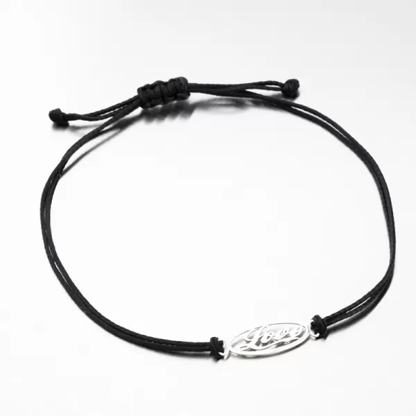 Náramok z čierneho povrázku s nápisom Love z bieleho zlata LT14-009-B