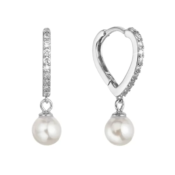 Strieborné náušnice srdca so zirkónmi a visiacou perličkou shell 11426.1