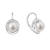 Strieborné náušnice visiace s bielou riečnou perlou a zirkónmi okrúhle 21075.1