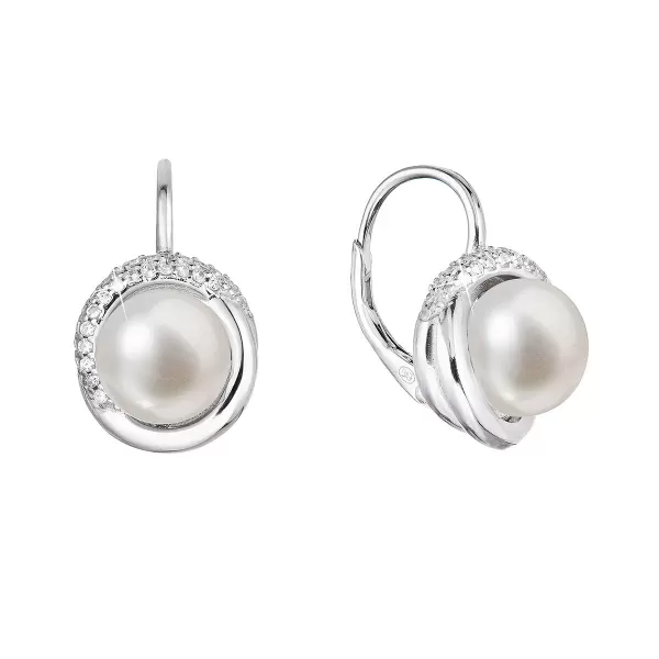 Strieborné náušnice visiace s bielou riečnou perlou a zirkónmi okrúhle 21075.1