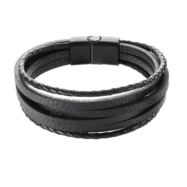 Náramok pánsky s koženkovými pásikmi 43037.3 čierny