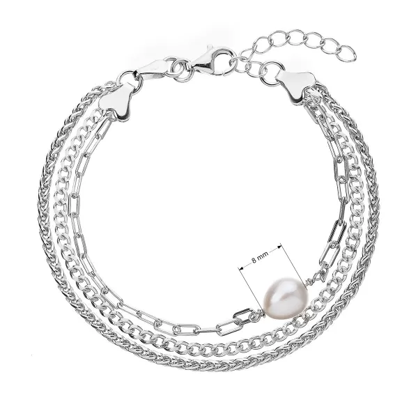 Trojitý strieborný náramok z retiazok s bielou perlou 23028.1
