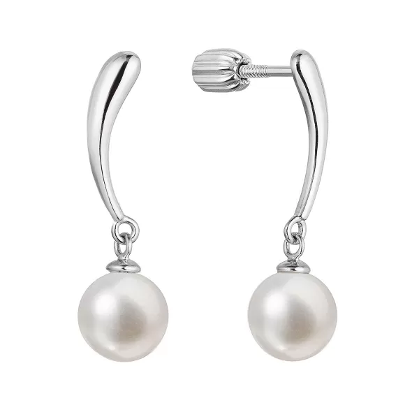 Strieborné náušnice visiace s guľatou riečnou perlou bielej 21095.1B