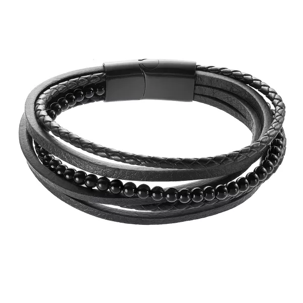 Náramok pánsky recykl.koža a čierne korálky 43030.3 čierny