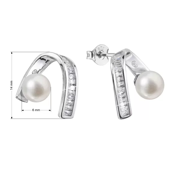Strieborné náušnice visiace s bielou riečnou perlou a zirkónmi 21074.1