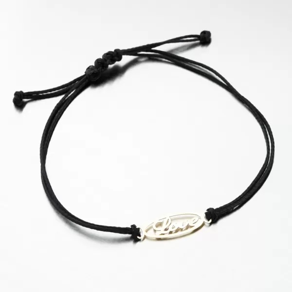 Náramok z čierneho povrázku so zlatým nápisom Love LT14-009-ZL