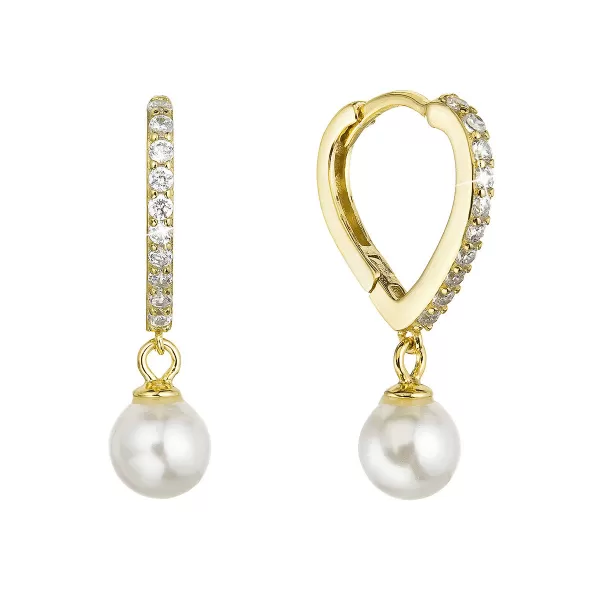Pozlátené strieborné náušnice srdca so zirkónmi a visiacou perličkou shell 11426.1