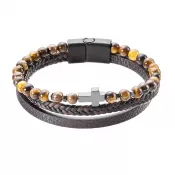 Náramok pánsky koženka a korálky tigrie oko s krížikom 43044.3 hnedý