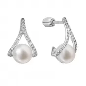 Strieborné náušnice trojuholník so zirkónmi a riečnou perlou bielej 21084.1B