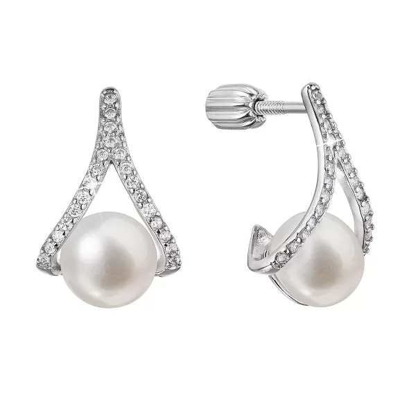 Strieborné náušnice trojuholník so zirkónmi a riečnou perlou bielej 21084.1B